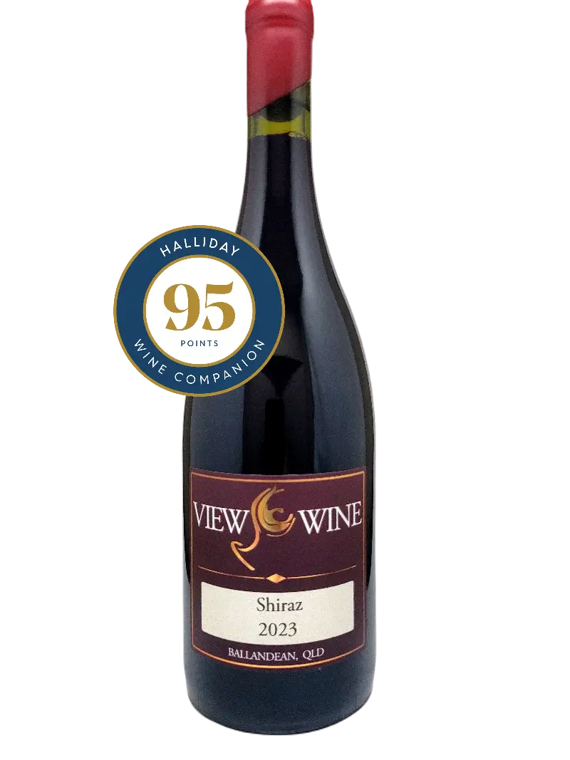 Red wine bottle with 'View Wine' label and Halliday wine rating on a white background