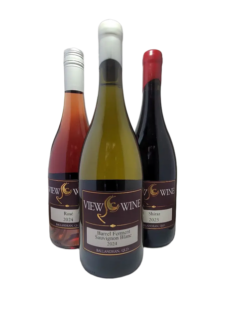Three bottles of View Wine on a white background